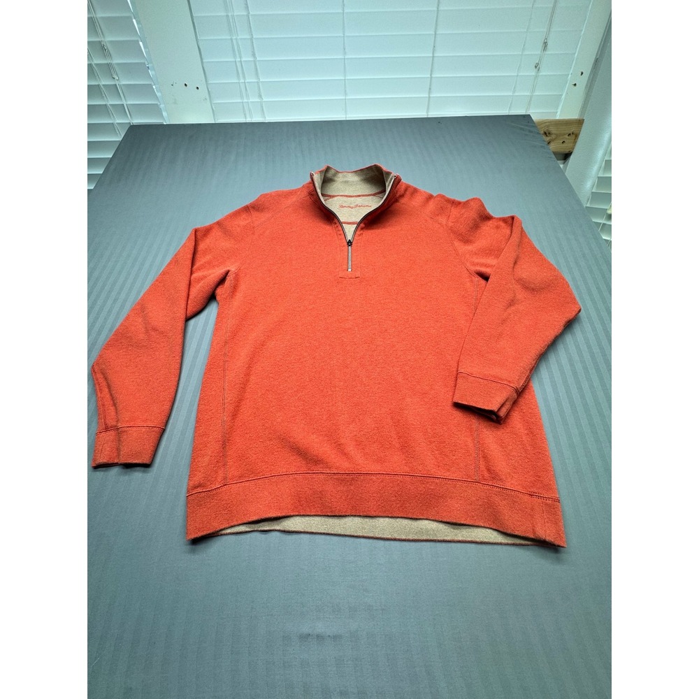 Tommy Bahama Mens Reversible Quarter Zip Pullover Sweater Orange Tan Large